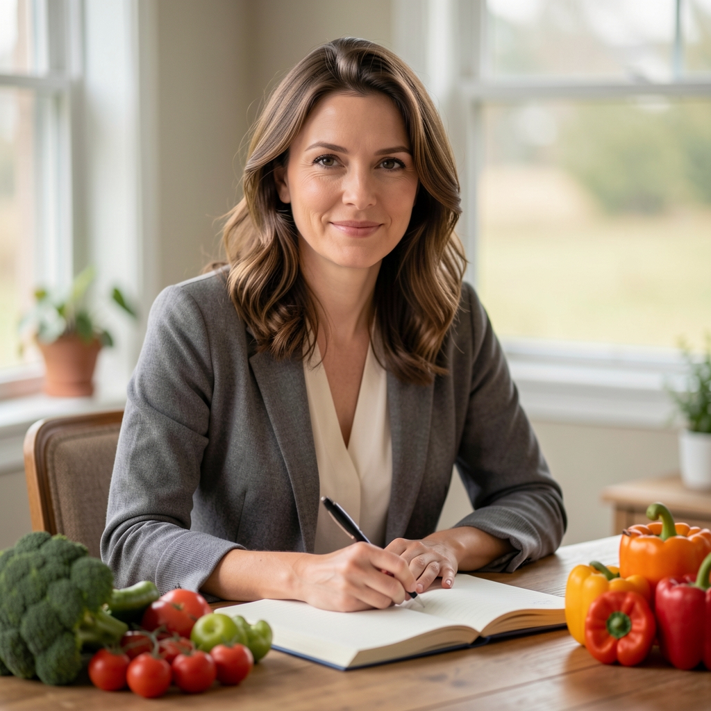 Editorial portrait of a nutrition writer seated at a wooden desk with notebook and seasonal produce, soft natural light