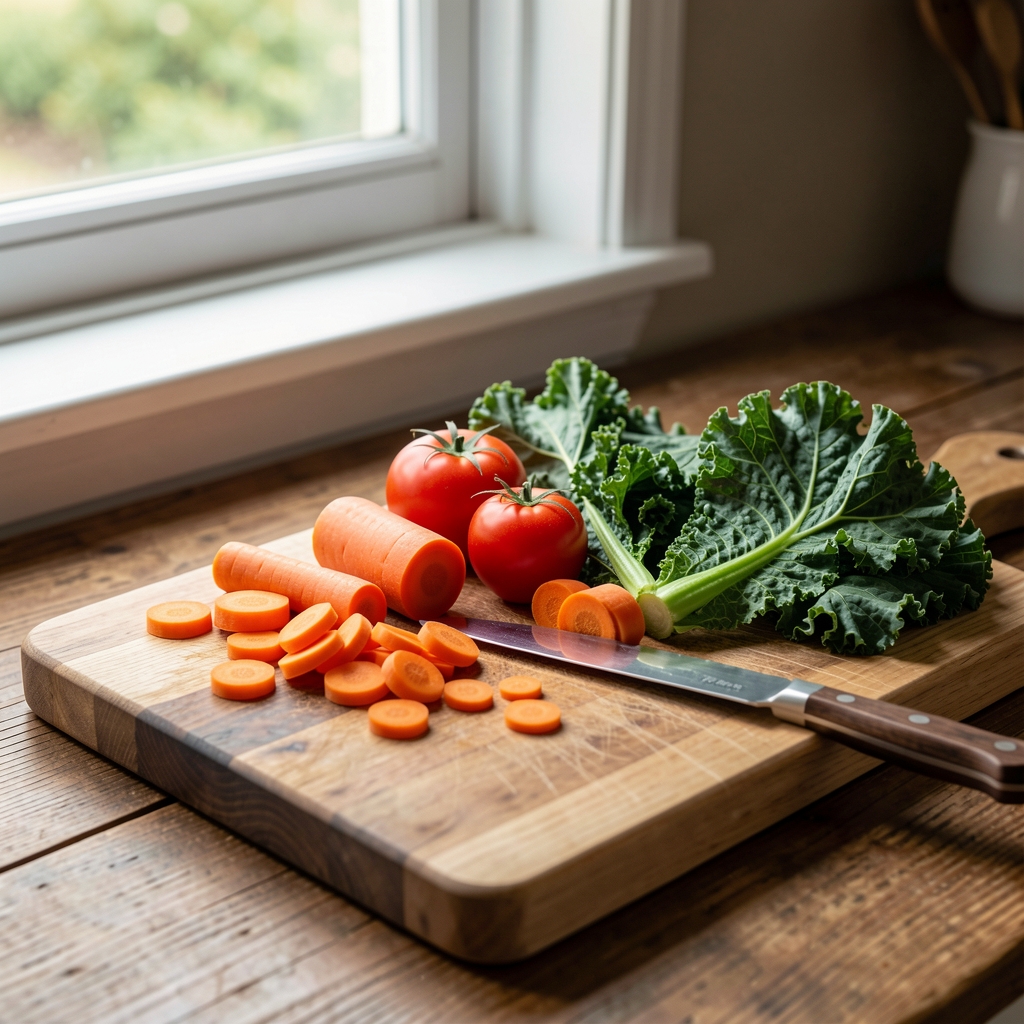 Wooden chopping board with seasonal vegetables mid-preparation, knife resting beside cut carrots and kale, natural light from window