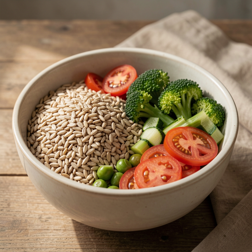 Bowl of whole grains and raw vegetables in soft natural light, editorial still-life composition