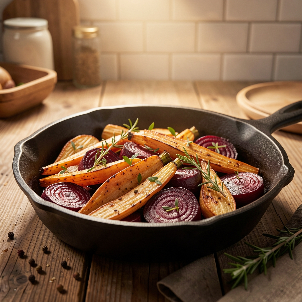 Roasted winter vegetables in a cast iron pan, caramelised parsnips and beetroot with herbs, warm kitchen light from above