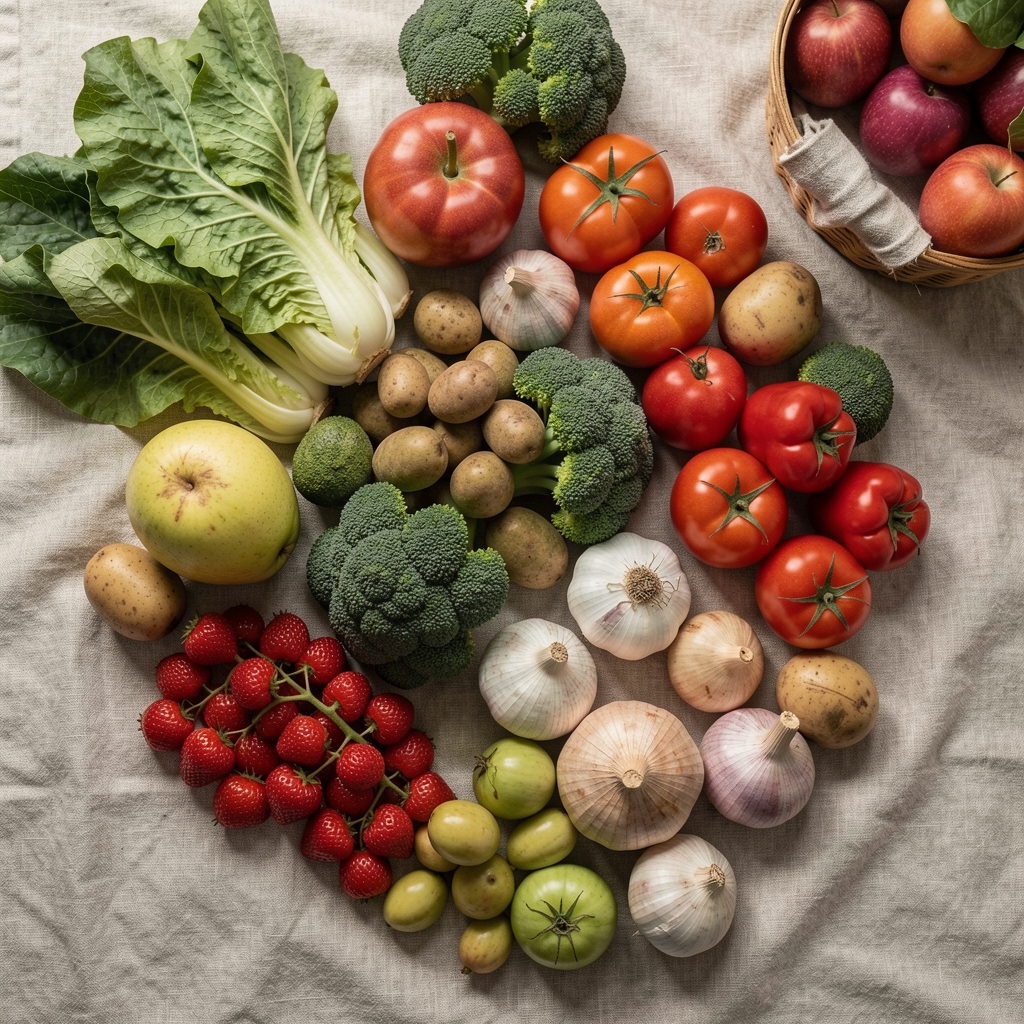 Fresh market produce laid on a linen cloth, overhead perspective in diffused morning light