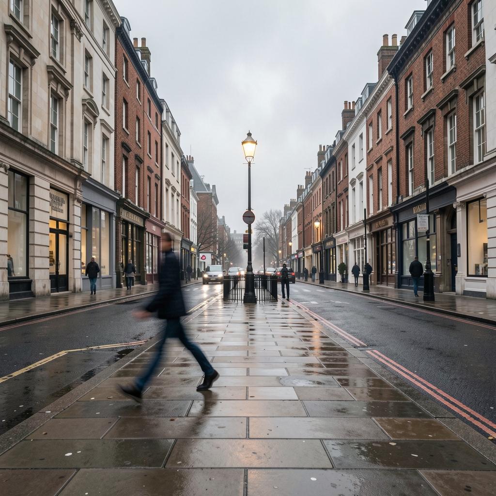 Early morning street scene with a pedestrian in motion, long exposure, overcast grey London sky, empty pavement