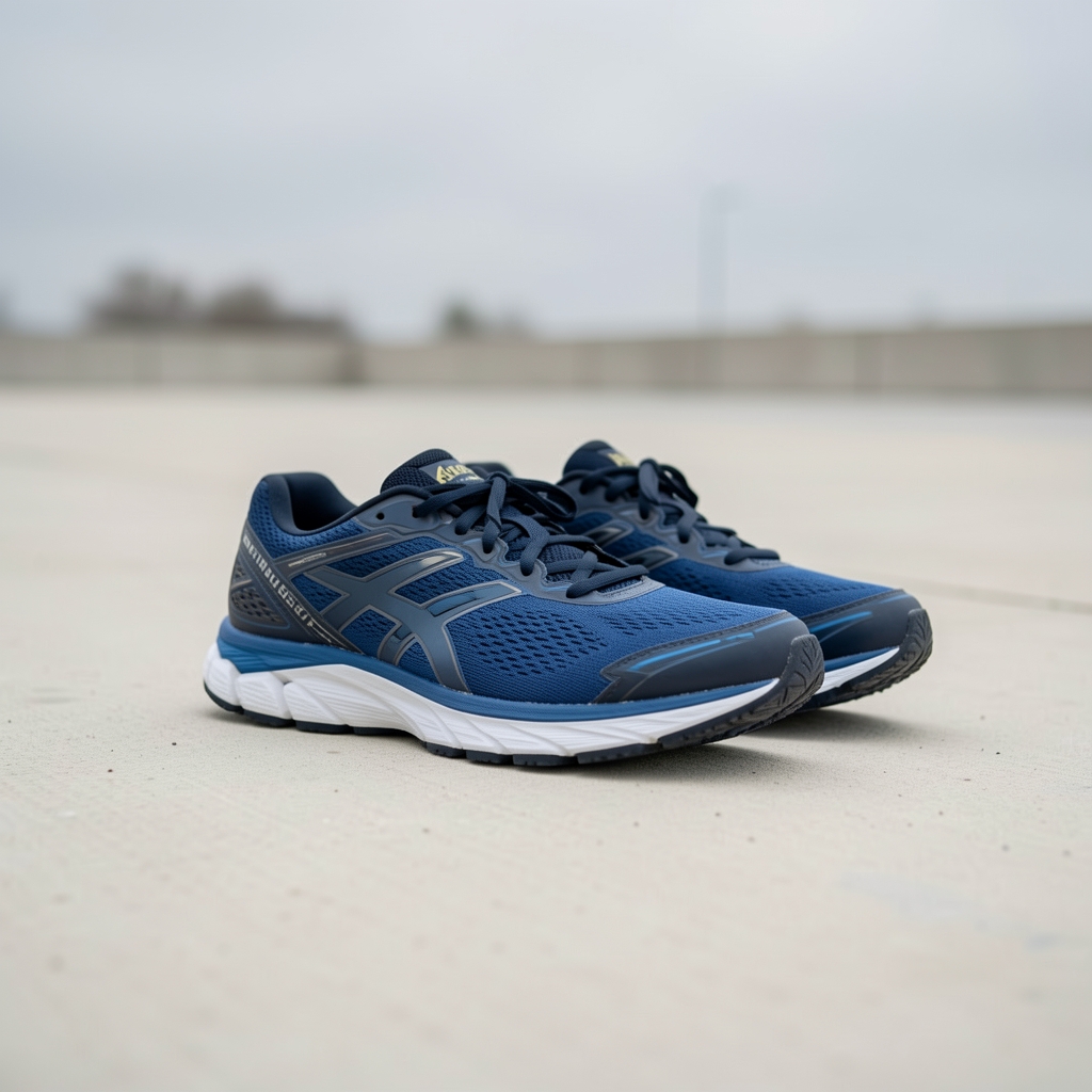 Running shoes resting on pale concrete pavement in overcast morning light, ground-level perspective