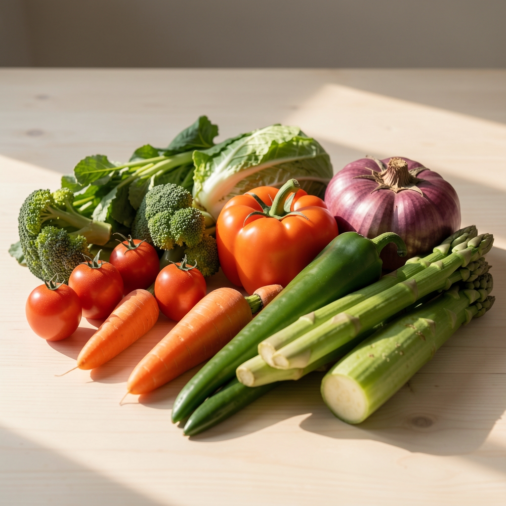 Seasonal vegetables arranged on a pale wooden surface in early morning light